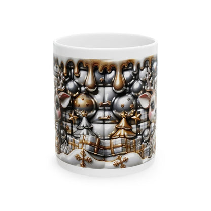 3d festive deer mug - cozy holiday design with gold and gray accents - perfect christmas gift drinkware reuse reusable washable ceramic coff