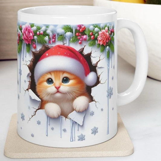 Christmas kitten 3d mug - perfect for hot beverages - tumblers, drinkware cup bottles kitty ceramic washable reusable reuse coffee xmas mugs