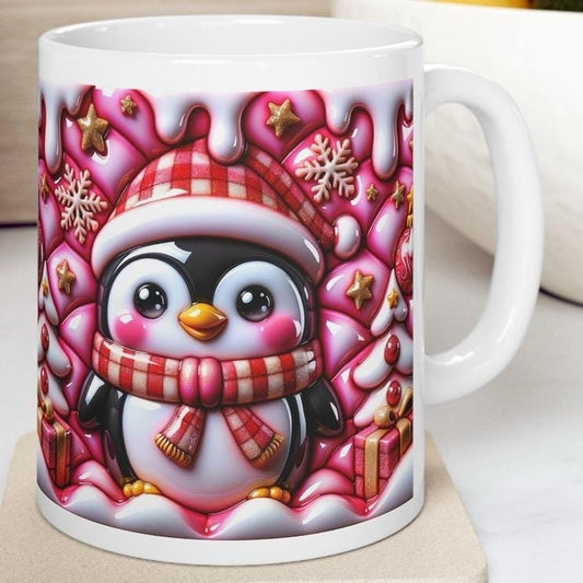 3d quilted sparkly pink festive penguin mug - cozy holiday design with pink and white accents - perfect christmas gift drinkware reuse reusa