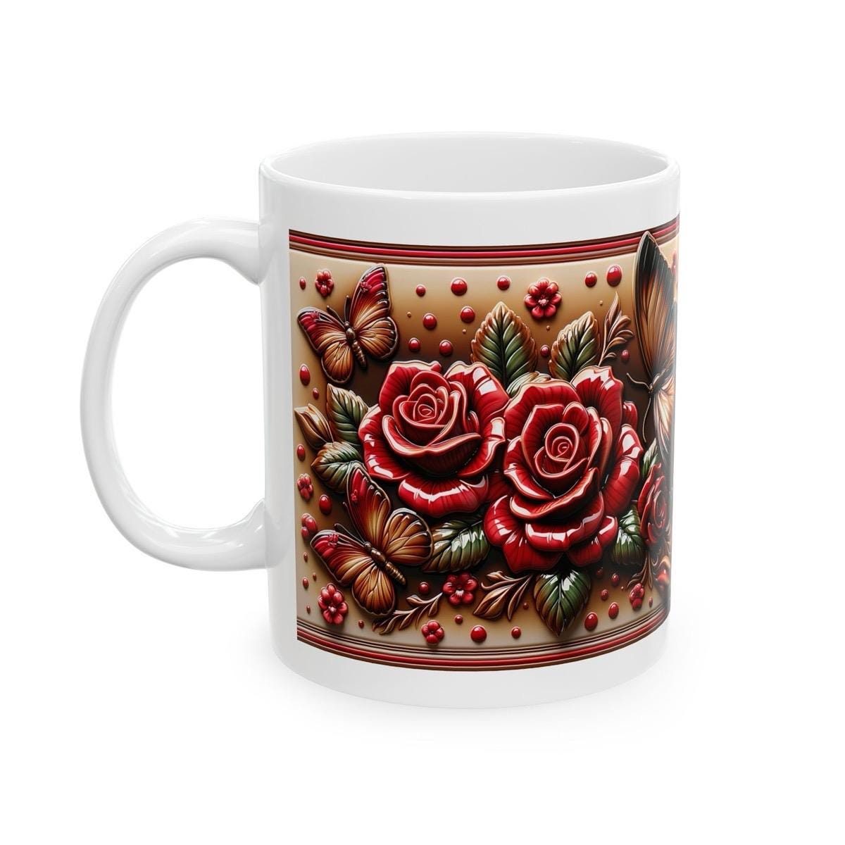 Roses and butterflies 3d mug - ideal for coffee and tea - drinkware, tumblers cup bottles reusable washable ceramic xmas mugs festive
