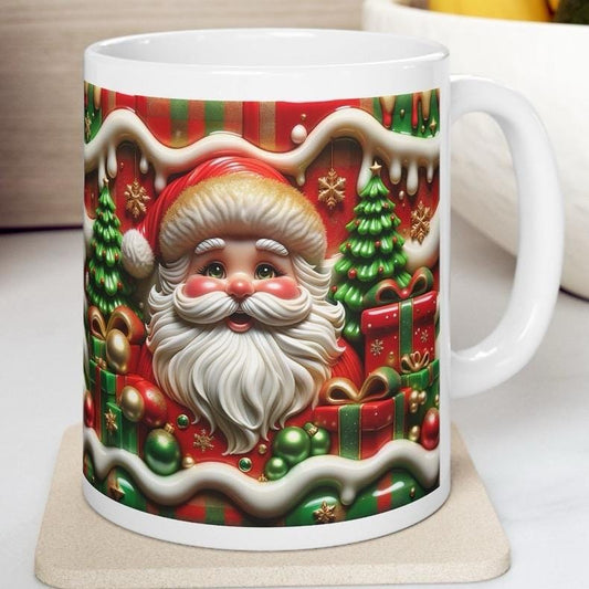 3d quilted sparkly festive santa mug - cozy holiday design with red and green accents - perfect christmas gift drinkware reuse reusable coff
