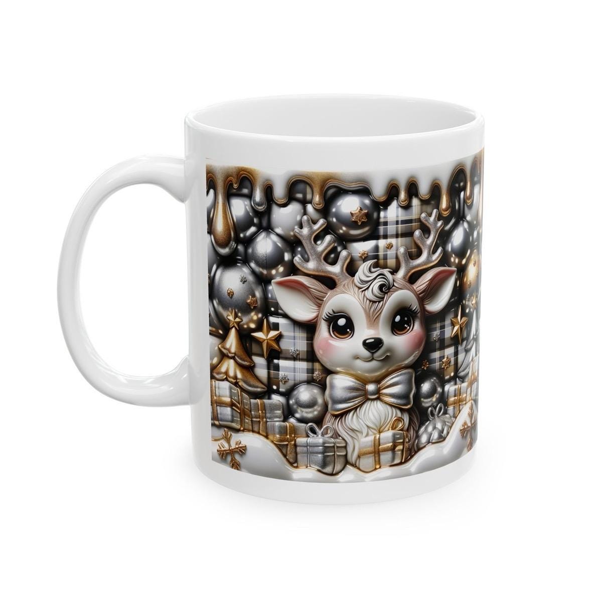 3d festive deer mug - cozy holiday design with gold and gray accents - perfect christmas gift drinkware reuse reusable washable ceramic coff
