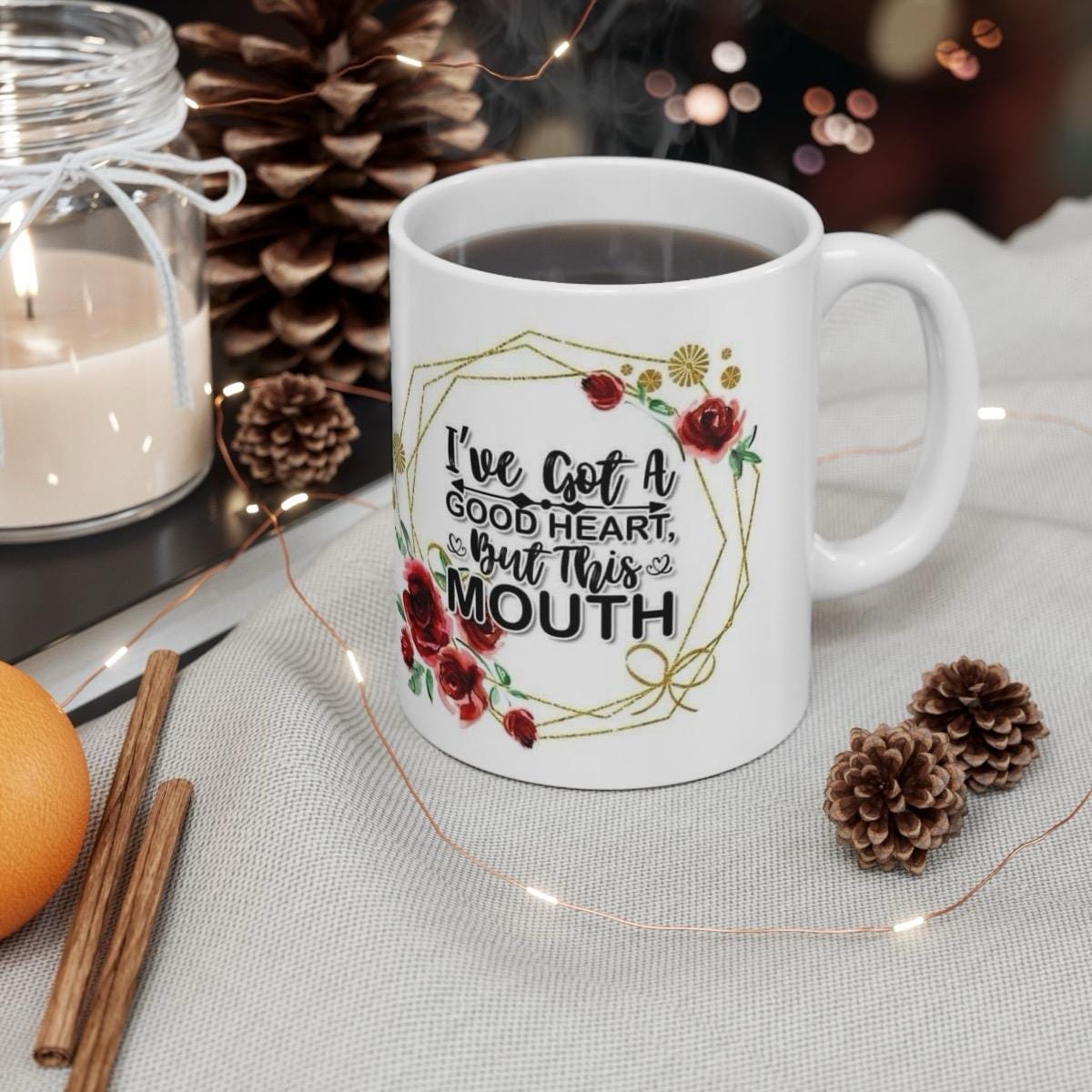 Sarcastic funny mug - i've got a good heart but this mouth - xmas gift christmas secret santa stocking filler - drinkware washable ceramic r
