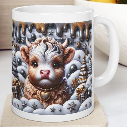 3d christmas highland cow mug – elegant gold and silver festive design, perfect for holiday cheer and gifts! drinkware reusable washable t