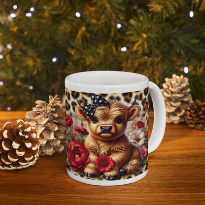 Highland cow with leopard print background 3d mug - perfect for coffee and tea - printed, drinkware cup tumblers reusable washable reuse cer