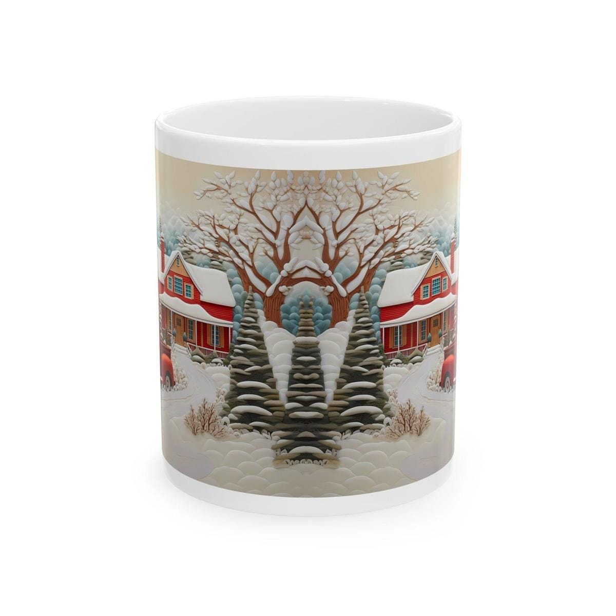 Retro truck and house christmas mug - secret santa stocking filler gift drinkware reusable tumbler reuse washable ceramic cup neutral mugs x