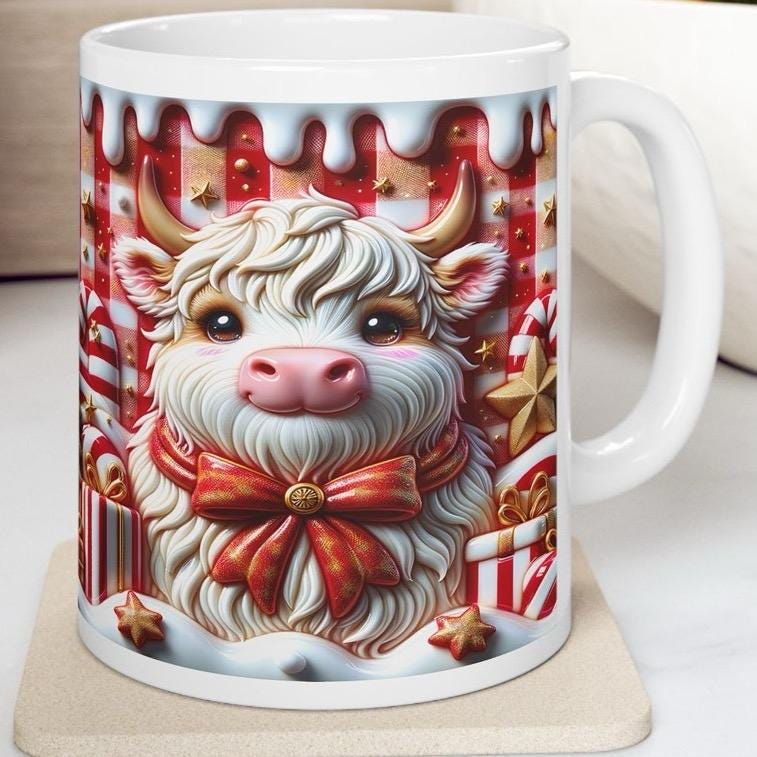 3d christmas highland cow mug – festive red and white design, perfect for holiday sips and gifts! drinkware reusable washable cup tumblers