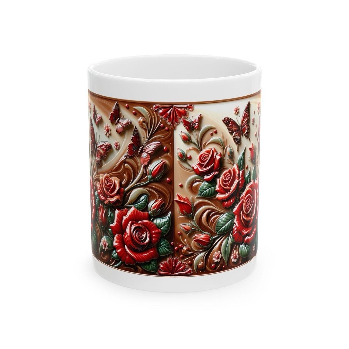 Roses and butterflies 3d mug - perfect for your morning drinks - drinkware, tumblers cup bottles reusable washable ceramic coffee