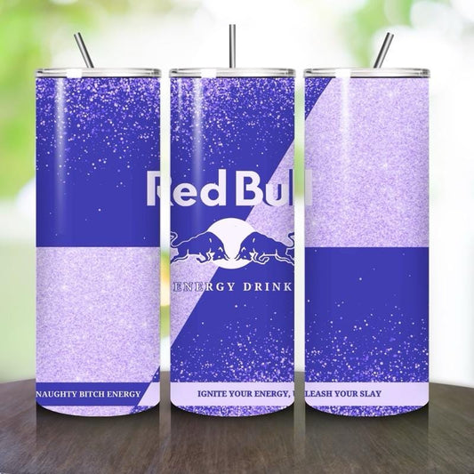 Red bull tumbler 20oz - purple glitter style ‘naughty bitch energy’ ‘unleash your slay’ perfect for on-the-go hydration - vacuum fla