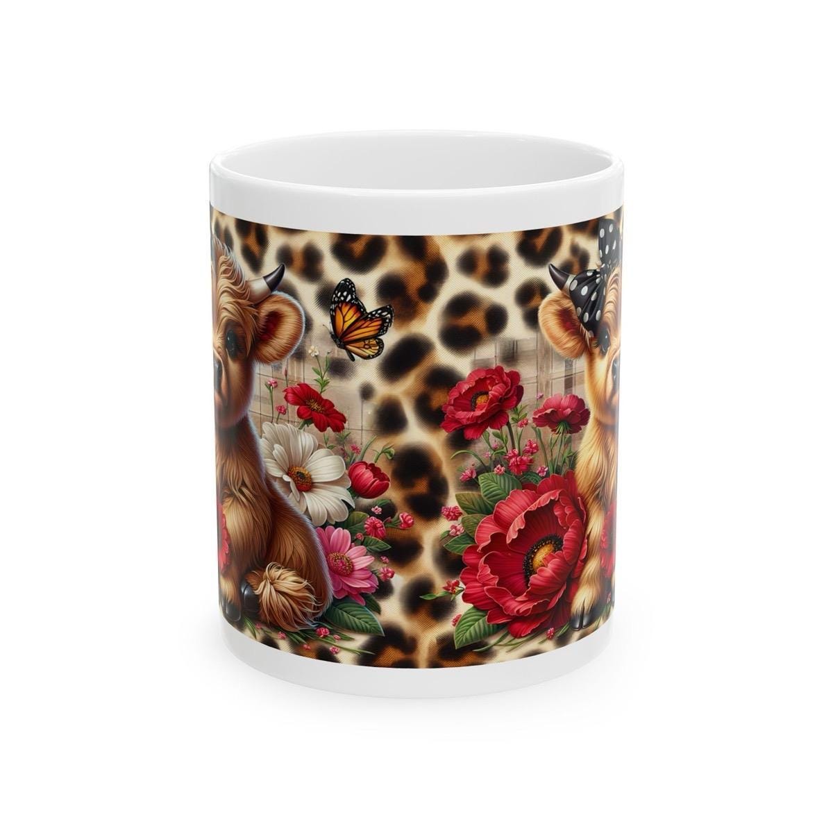 Highland cow with leopard print background 3d mug - perfect for coffee and tea - printed, drinkware cup tumblers reusable washable reuse cer