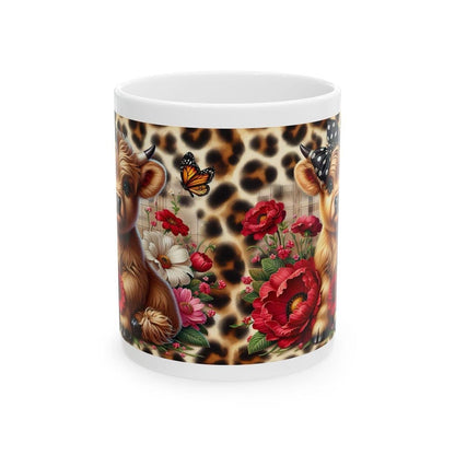 Highland cow with leopard print background 3d mug - perfect for coffee and tea - printed, drinkware cup tumblers reusable washable reuse cer