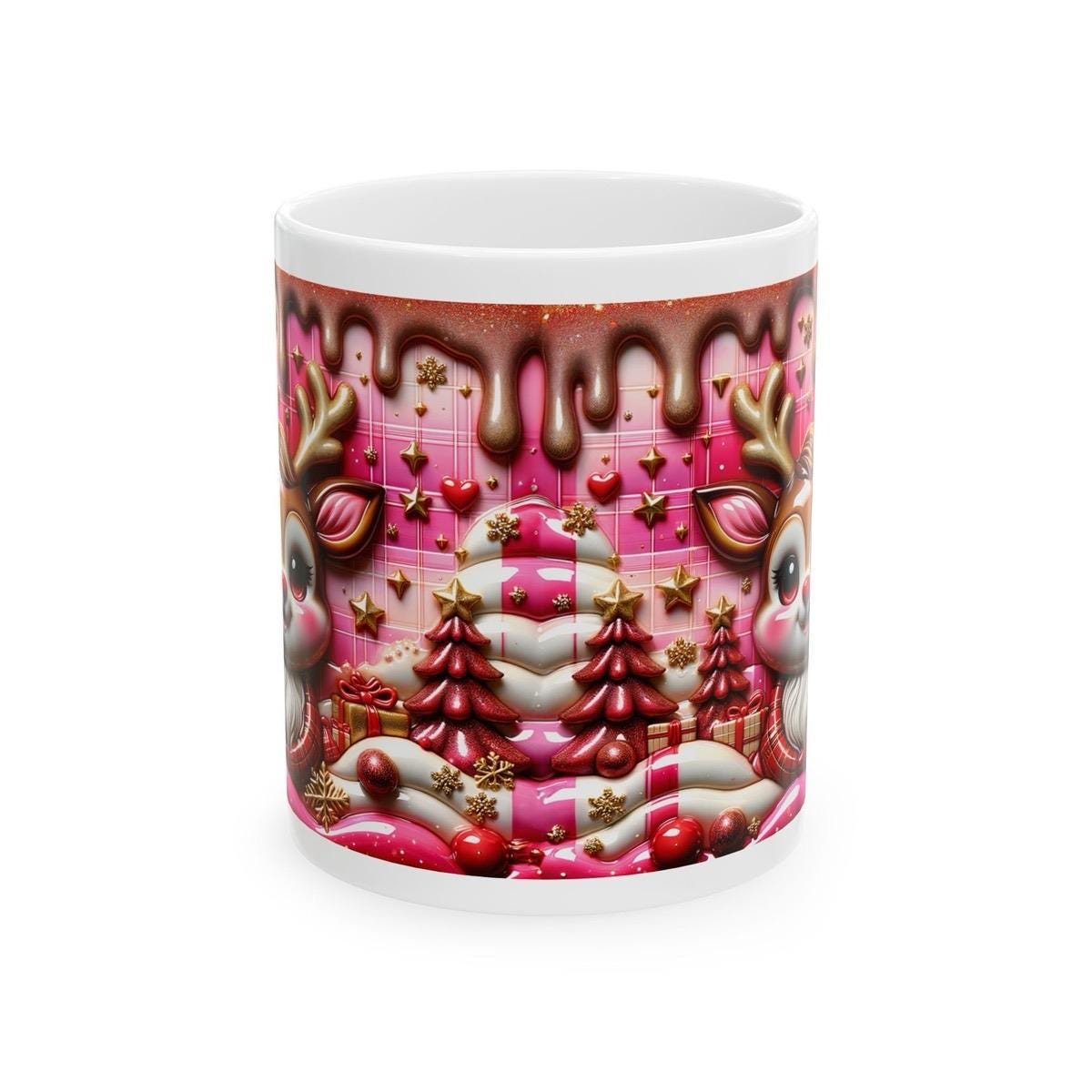 3d sparkly pink festive deer mug - cozy holiday design with pink and brown accents - perfect christmas gift drip effect drinkware reuse coff