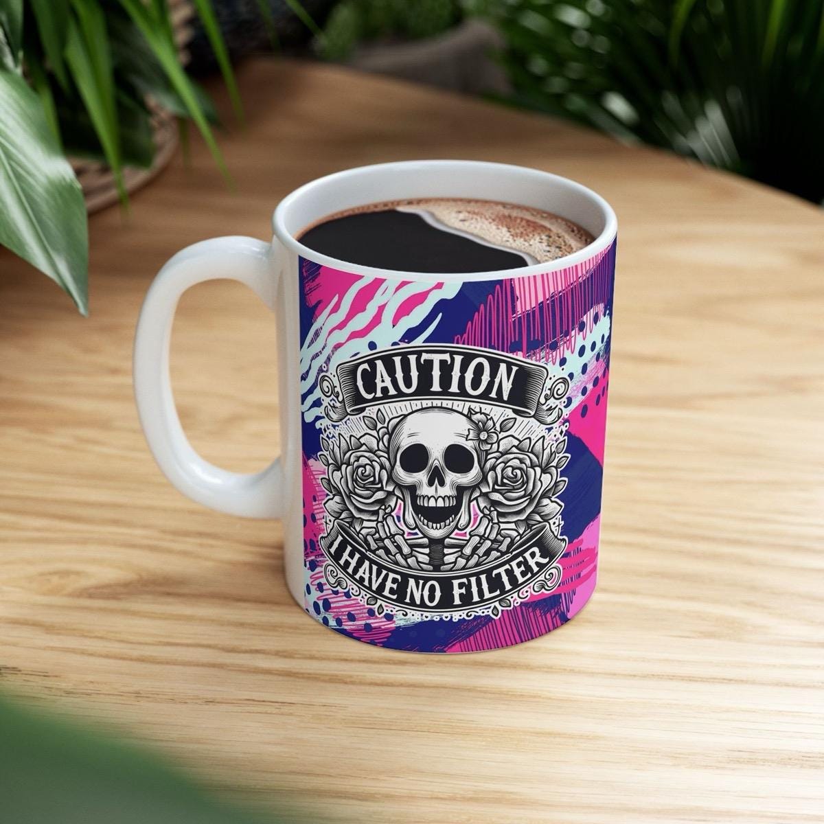 Funny skull design sarcastic mug - caution i have no filter drinkware tumblers cup reusable washable reuse ceramic coffee xmas mugs tea mean