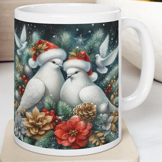 White doves christmas mug - perfect for hot beverages - tumblers, drinkware reusable cup washable reuse ceramic coffee xmas mugs tea festive