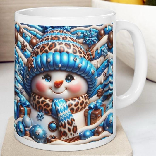 3d snowman christmas mug – cosy winter design with blue and gold accents, perfect festive gift! drinkware reusable tumbler reuse washable
