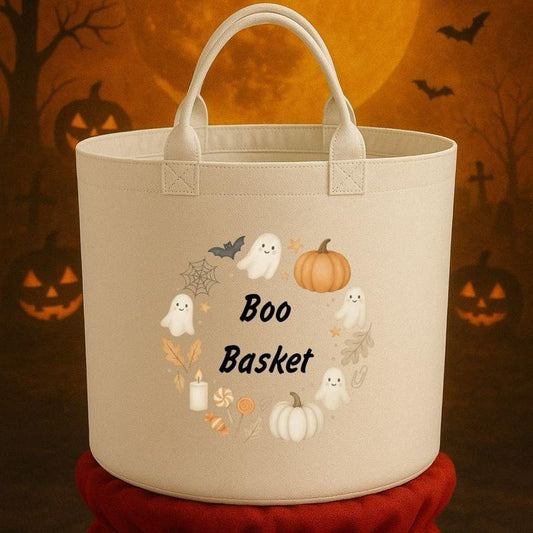 Boo Basket Felt Trug Storage with Halloween Ghosts and Pumpkins Design for Storage Needs fun gifts gift Halloween cute funny friends mum girlfriend boyfriend dad present Decorative Organiser