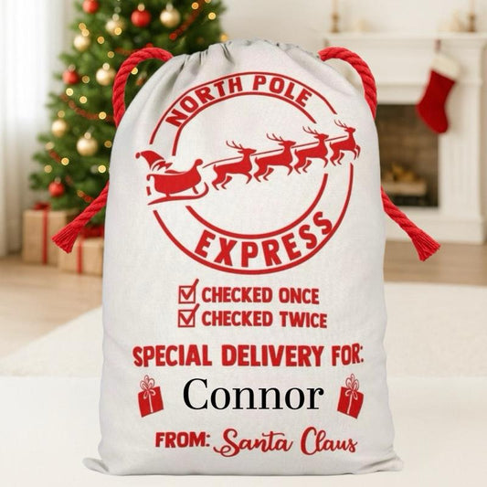 Large Premium Personalised Christmas Sack – Red North Pole delivery services design - Santa Gift Bag – Custom Name – Kids & Adults - Personalised Christmas stocking 64cmx48cm