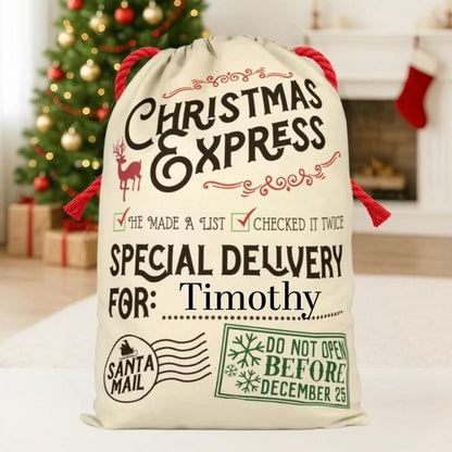 Large Premium Personalised Christmas Sack – Christmas express special delivery design - Santa Gift Bag – Custom Name – Kids & Adults - Personalised Christmas stocking 64cmx48cm