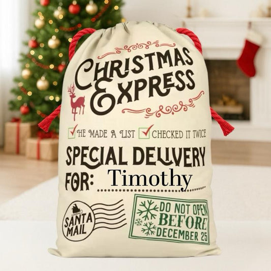 Large Premium Personalised Christmas Sack – Christmas express special delivery design - Santa Gift Bag – Custom Name – Kids & Adults - Personalised Christmas stocking 64cmx48cm