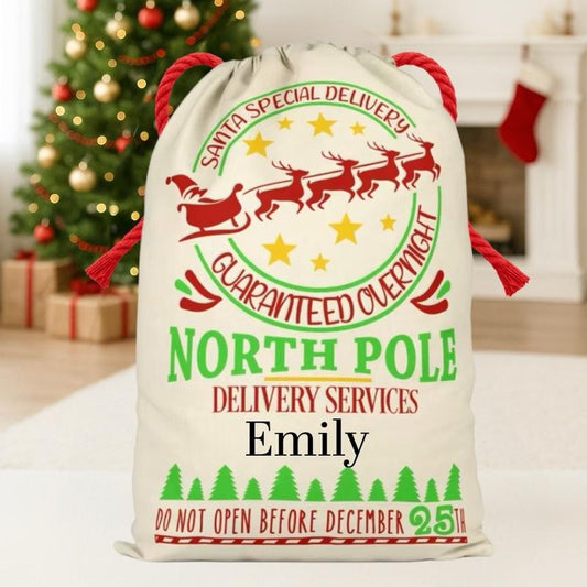 Large Premium Personalised Christmas Sack – North Pole delivery services design - Santa Gift Bag – Custom Name – Kids & Adults - Personalised Christmas stocking 64cmx48cm