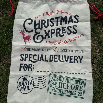 Large Premium Personalised Christmas Sack – Christmas express special delivery design - Santa Gift Bag – Custom Name – Kids & Adults - Personalised Christmas stocking 64cmx48cm
