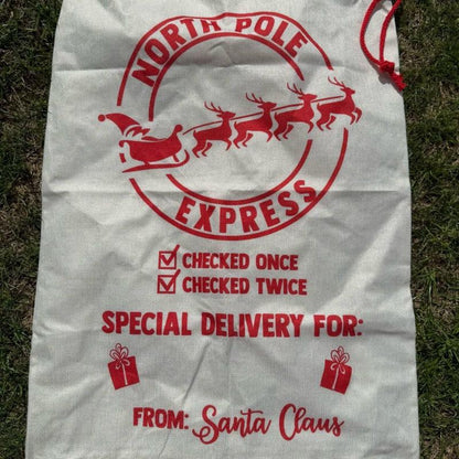 Large Premium Personalised Christmas Sack – Red North Pole delivery services design - Santa Gift Bag – Custom Name – Kids & Adults - Personalised Christmas stocking 64cmx48cm