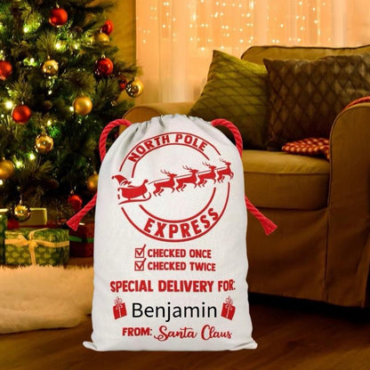 Large Premium Personalised Christmas Sack – Red North Pole delivery services design - Santa Gift Bag – Custom Name – Kids & Adults - Personalised Christmas stocking 64cmx48cm