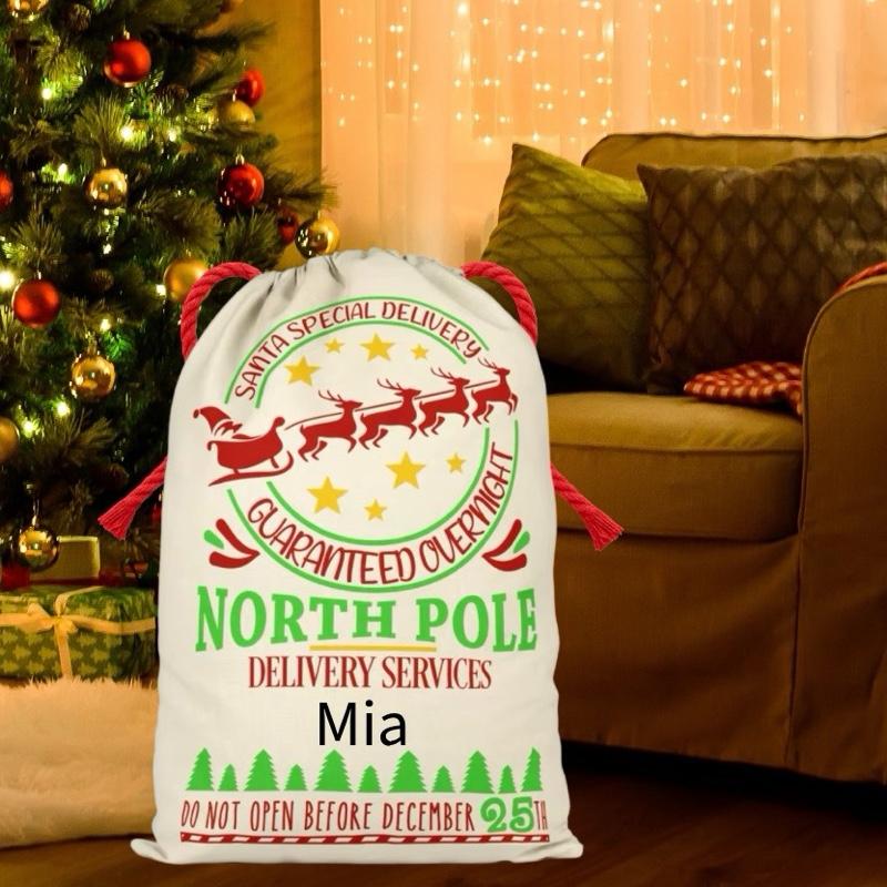 Large Premium Personalised Christmas Sack – North Pole delivery services design - Santa Gift Bag – Custom Name – Kids & Adults - Personalised Christmas stocking 64cmx48cm