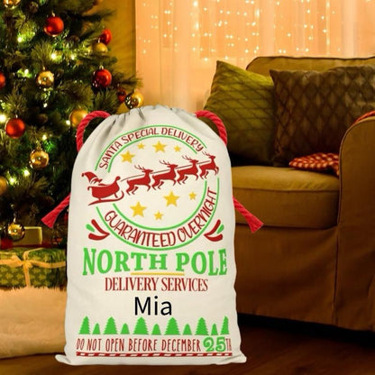 Large Premium Personalised Christmas Sack – North Pole delivery services design - Santa Gift Bag – Custom Name – Kids & Adults - Personalised Christmas stocking 64cmx48cm