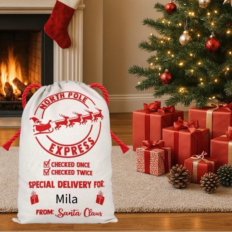 Large Premium Personalised Christmas Sack – Red North Pole delivery services design - Santa Gift Bag – Custom Name – Kids & Adults - Personalised Christmas stocking 64cmx48cm