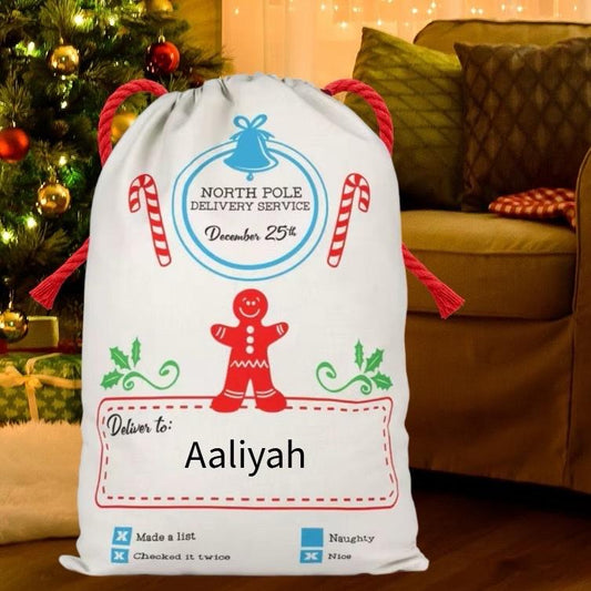 Large Premium Personalised Christmas Sack – North Pole delivery design - Santa Gift Bag – Custom Name – Kids & Adults - Personalised Christmas stocking 64cmx48cm
