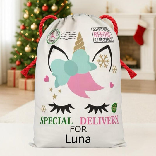 Large Premium Personalised Christmas Sack – Unicorn design - Santa Gift Bag – Custom Name – Kids & Adults - Personalised Christmas stocking 64cmx48cm