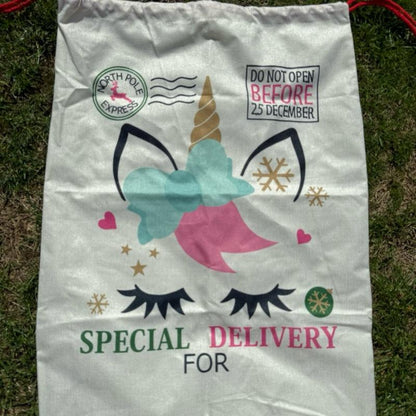 Large Premium Personalised Christmas Sack – Unicorn design - Santa Gift Bag – Custom Name – Kids & Adults - Personalised Christmas stocking 64cmx48cm