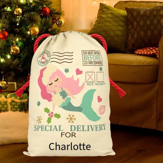 Large Premium Personalised Christmas Sack – Mermaid design - Santa Gift Bag – Custom Name – Kids & Adults - Personalised Christmas stocking 64cmx48cm