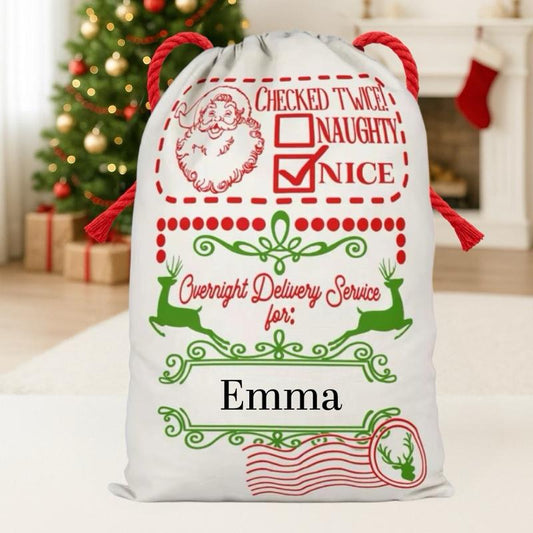 Large Premium Personalised Christmas Sack – Overnight delivery design - Santa Gift Bag – Custom Name – Kids & Adults - Personalised Christmas stocking 64cmx48cm