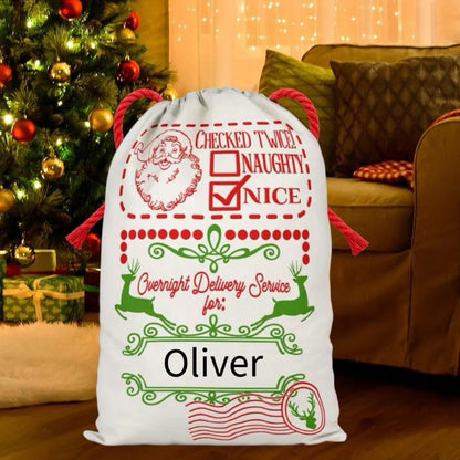Large Premium Personalised Christmas Sack – Overnight delivery design - Santa Gift Bag – Custom Name – Kids & Adults - Personalised Christmas stocking 64cmx48cm