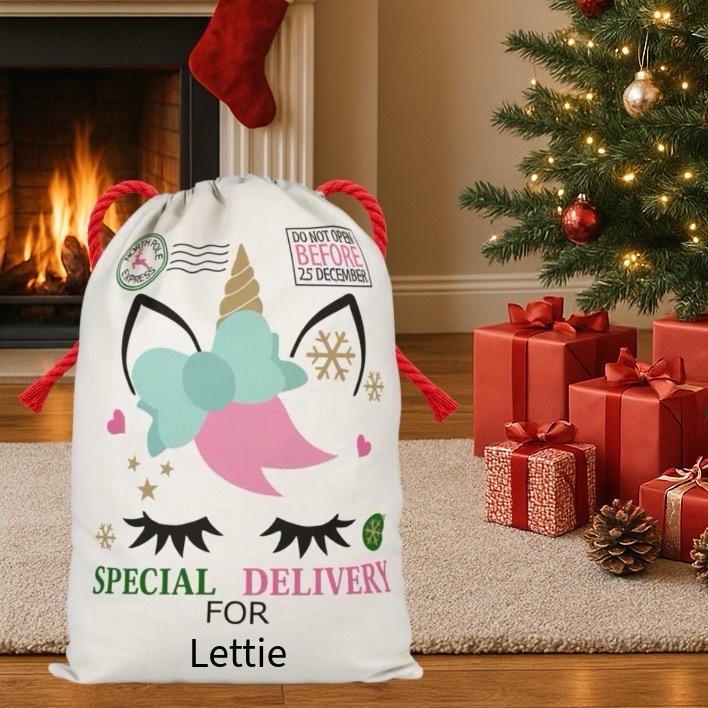 Large Premium Personalised Christmas Sack – Unicorn design - Santa Gift Bag – Custom Name – Kids & Adults - Personalised Christmas stocking 64cmx48cm
