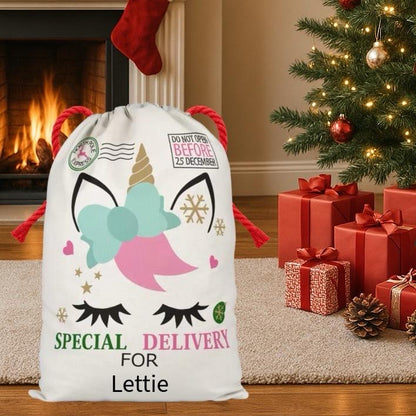 Large Premium Personalised Christmas Sack – Unicorn design - Santa Gift Bag – Custom Name – Kids & Adults - Personalised Christmas stocking 64cmx48cm
