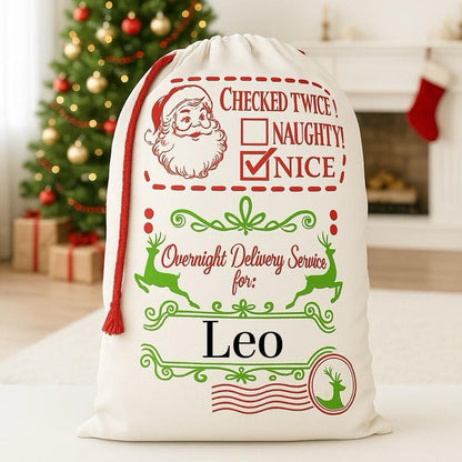 Large Premium Personalised Christmas Sack – Overnight delivery design - Santa Gift Bag – Custom Name – Kids & Adults - Personalised Christmas stocking 64cmx48cm
