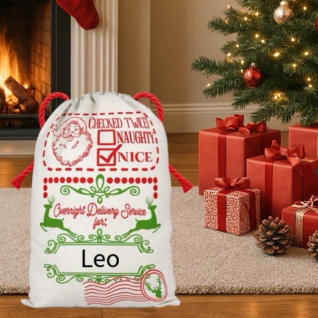 Large Premium Personalised Christmas Sack – Overnight delivery design - Santa Gift Bag – Custom Name – Kids & Adults - Personalised Christmas stocking 64cmx48cm