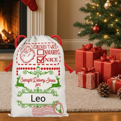Large Premium Personalised Christmas Sack – Overnight delivery design - Santa Gift Bag – Custom Name – Kids & Adults - Personalised Christmas stocking 64cmx48cm