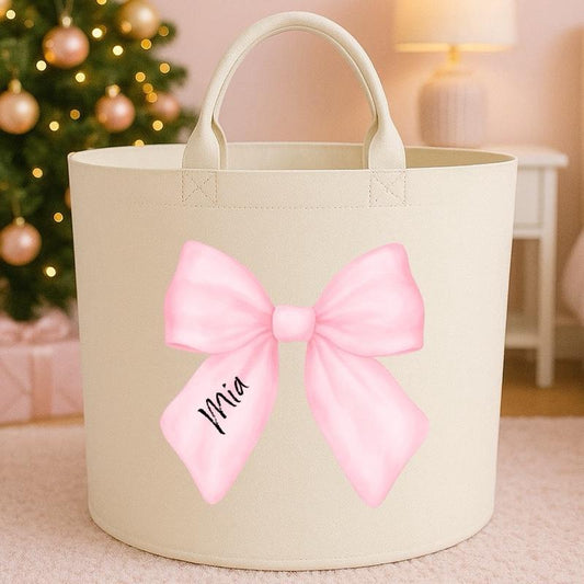 Personalised christmas birthday ribbon bow storage Felt Trug basket, perfect gifts girls boys mum dad fun cute funny  kids gift storage basket trugs toy storage Xmas eve gift Lightweight Organiser Artwork Chocolate stocking filler gifts