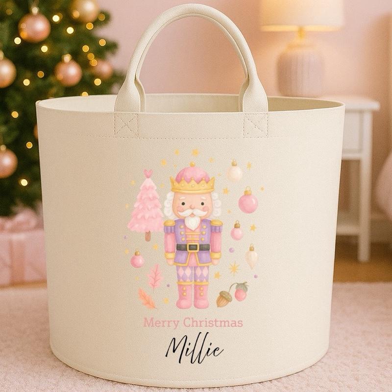 Personalised merry christmas nutcracker trug storage Felt Trug basket, perfect gifts girls boys mum dad fun cute funny  kids gift storage basket trugs toy storage Xmas eve gift Lightweight Organiser Artwork Chocolate stocking filler gifts