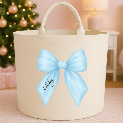 Personalised christmas birthday ribbon bow storage Felt Trug basket, perfect gifts girls boys mum dad fun cute funny  kids gift storage basket trugs toy storage Xmas eve gift Lightweight Organiser Artwork Chocolate stocking filler gifts