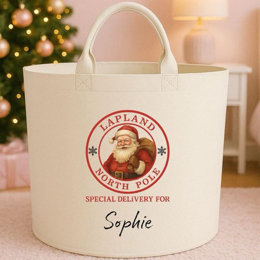 Personalised santa Lapland special delivery trug kids gifts storage Felt Trug basket, perfect gifts boys girls mum dad kids gift storage basket trugs toy storage Xmas eve gift Lightweight Organiser Artwork Chocolate stocking filler Father Christmas