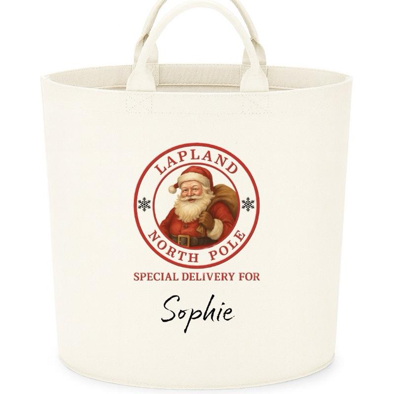 Personalised santa Lapland special delivery trug kids gifts storage Felt Trug basket, perfect gifts boys girls mum dad kids gift storage basket trugs toy storage Xmas eve gift Lightweight Organiser Artwork Chocolate stocking filler Father Christmas