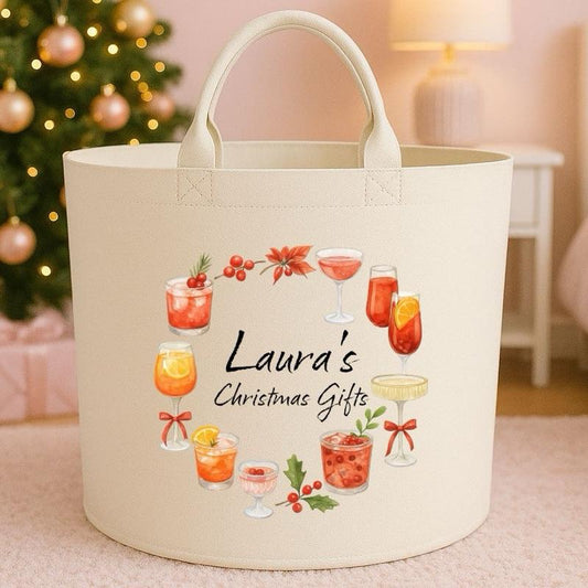 Personalised Christmas drinks gifts storage Felt Trug basket, perfect gifts boys girls mum dad kids gift storage basket trugs toy storage Xmas eve gift Lightweight Organiser Artwork Chocolate stocking filler