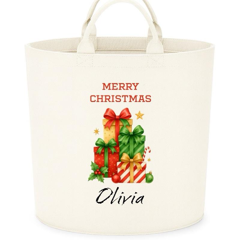 Personalised ‘merry Christmas’ storage Felt Trug basket, perfect gifts girls boys mum dad fun cute funny  kids gift storage basket trugs toy storage Xmas eve gift Lightweight Organiser Artwork Chocolate stocking filler gifts