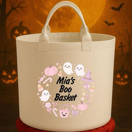 Personalised Boo Basket Felt Trug Storage with Halloween Ghosts and Pumpkins Design for Storage Needs fun gifts gift Halloween cute funny friends mum girlfriend boyfriend dad present Decorative Organiser