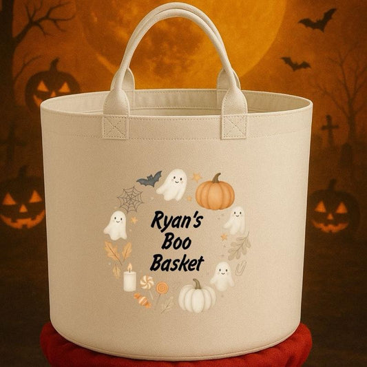 Personalised Boo Basket Felt Trug Storage with Halloween Ghosts and Pumpkins Design for Storage Needs fun gifts gift Halloween cute funny friends mum girlfriend boyfriend dad present Decorative Organiser